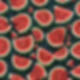 A close-up view of watermelon swim trunks showcasing vibrant colors and patterns.