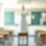 A classic white teacher dress displayed in a classroom setting