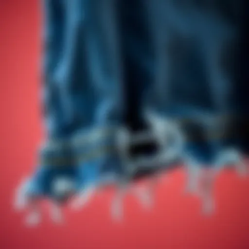 A close-up of a frayed hem detail on denim fabric