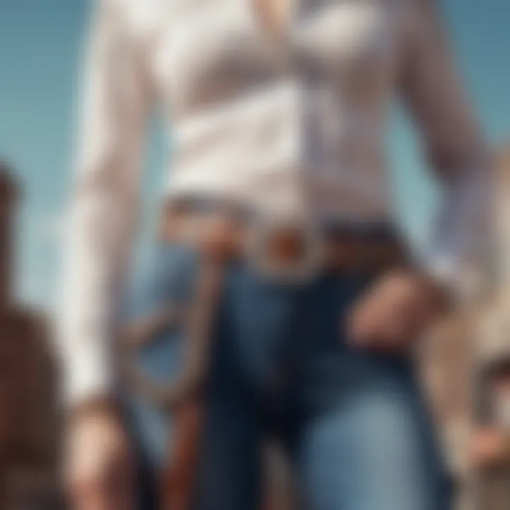 A fashionable outfit styled with a rhinestone belt, highlighting a modern western look.