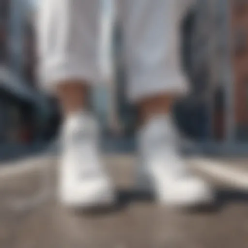 A stylish pair of shoes highlighting extra long white shoelaces in an urban setting