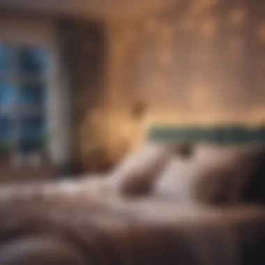 Close-up of fairy lights illuminating a serene bedroom space at night