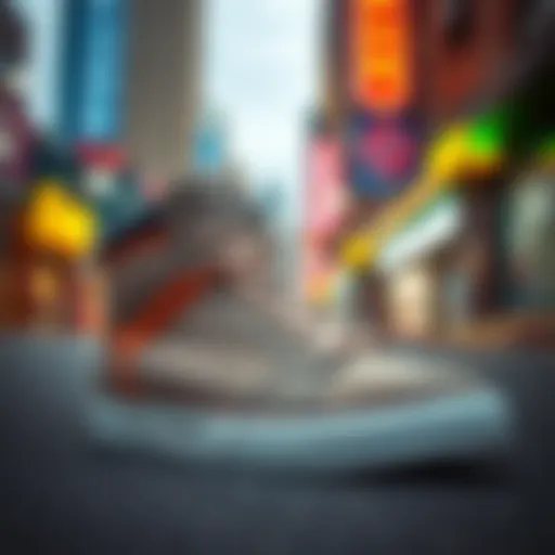 Stylish high top sneakers with side zipper detail showcased against a vibrant urban backdrop