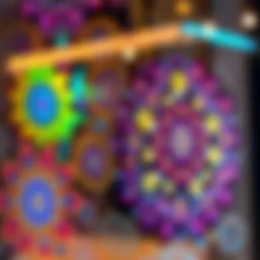 A vibrant display of holographic window clings showcasing intricate designs and colors