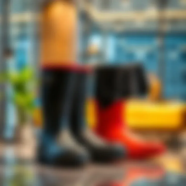 Contemporary Design and Style Stylish non-slip rubber boots displayed in a contemporary setting.