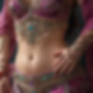 Close-up of intricate embellishments on belly dancing attire