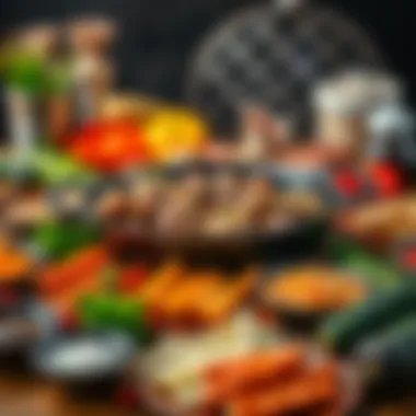 An array of ingredients beautifully arranged around a cast iron Korean BBQ pan ready for grilling