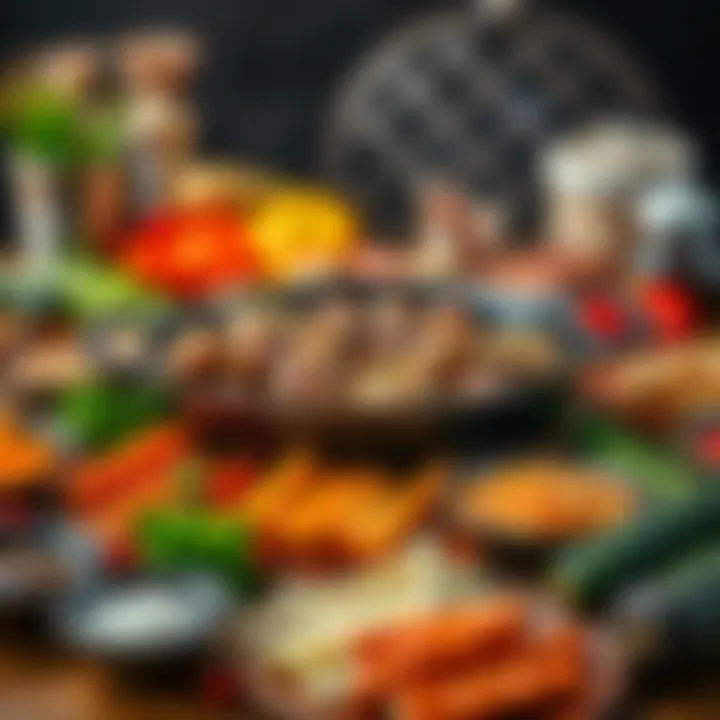 An array of ingredients beautifully arranged around a cast iron Korean BBQ pan ready for grilling