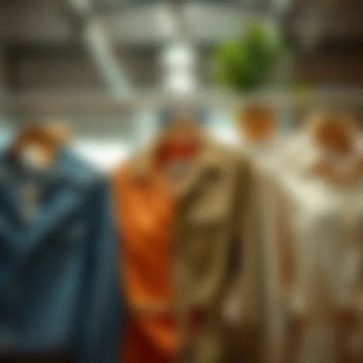 Sustainable clothing items displayed with eco-friendly labels.