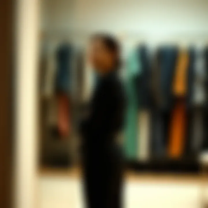 A thoughtful woman standing in front of a wardrobe filled with different styles.
