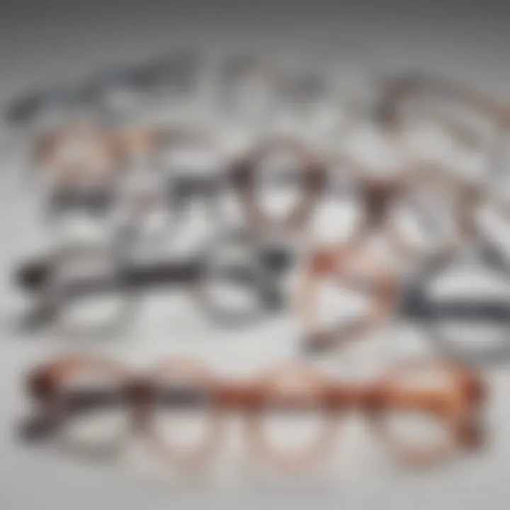 An array of small oval eyeglass frames in various materials and colors