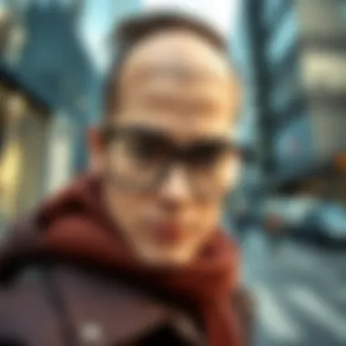 Fashionable Individual in Urban Setting Fashionable individual wearing non-prescription glasses in an urban setting