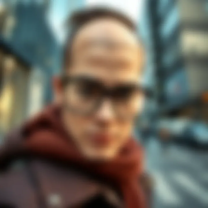 Fashionable Individual in Urban Setting Fashionable individual wearing non-prescription glasses in an urban setting