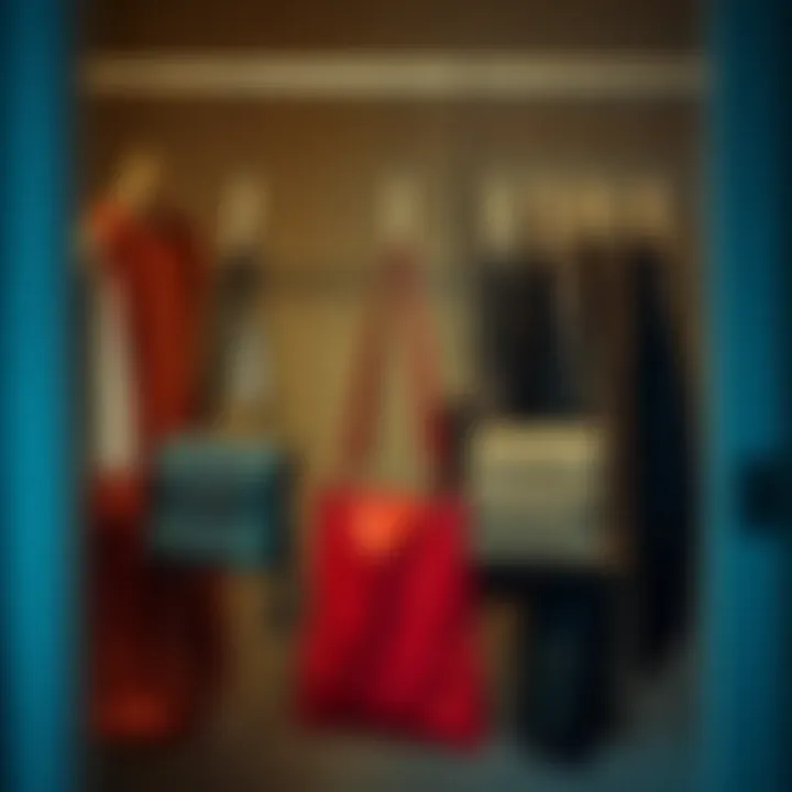 Stylish closet featuring organized purses on hangers