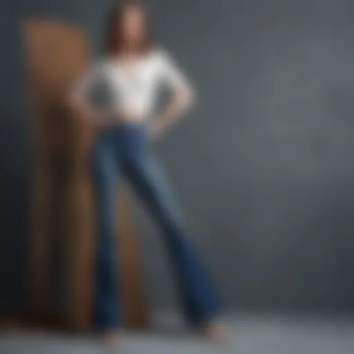 Elegant display of petite high-waisted bell bottom jeans on a stylish backdrop