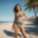 Vibrant rainbow shorts displayed on a sunny beach setting