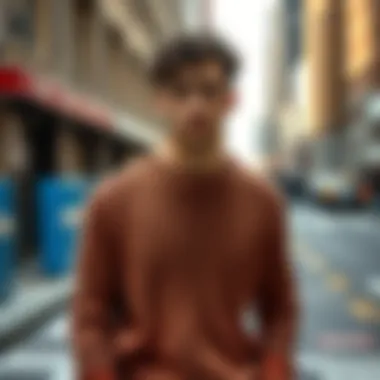 Modern Trends in Knitted Fashion A fashionable individual wearing a ripped knitted sweater in an urban setting, highlighting modern fashion trends