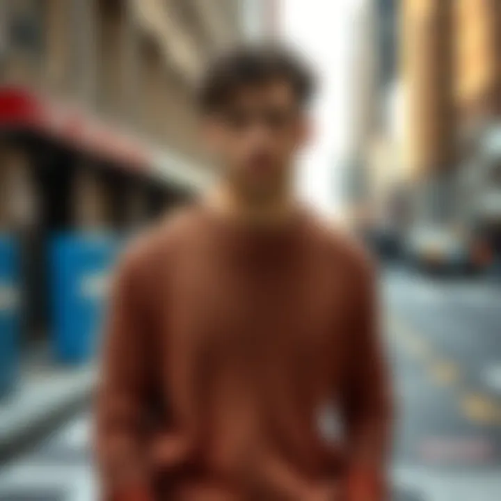 Modern Trends in Knitted Fashion A fashionable individual wearing a ripped knitted sweater in an urban setting, highlighting modern fashion trends