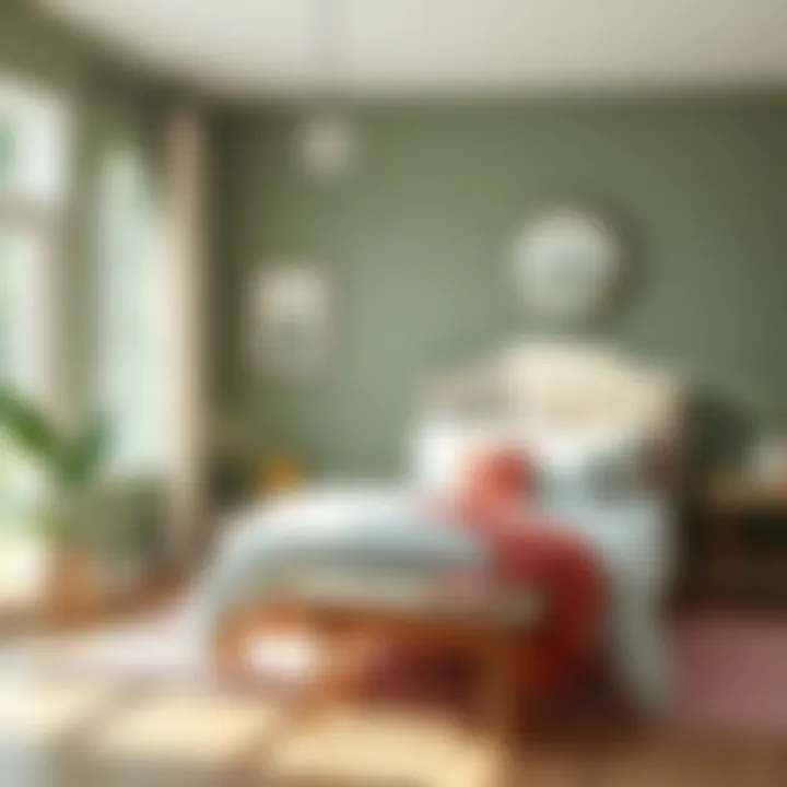 A serene bedroom showcasing sage green walls with natural light