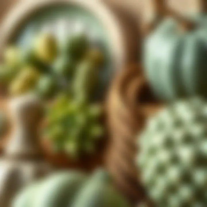 Close-up of sage green decor elements featuring sustainable materials