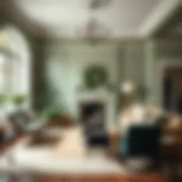 A beautifully styled sage green living room with vintage furnishings