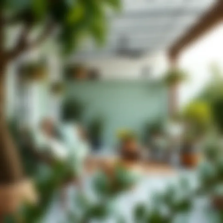 Outdoor sage green patio with eco-friendly furniture and plants