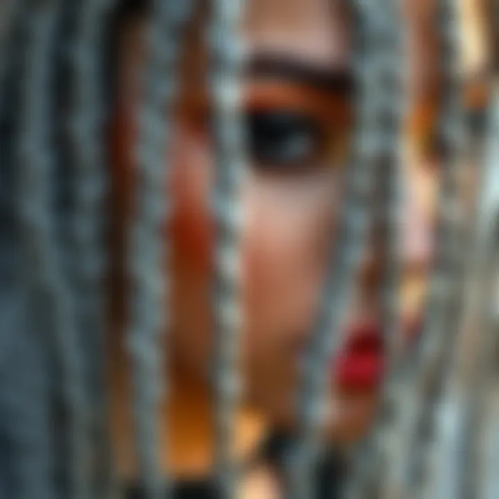 Close-up of intricate braiding in a gray wig