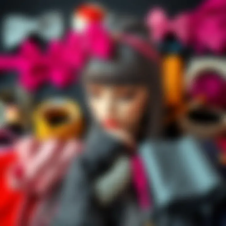 Arrangement of various styling accessories for gray wigs