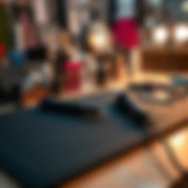 Detailed view of a silicone mat in use with heat tools on a designer's workspace.