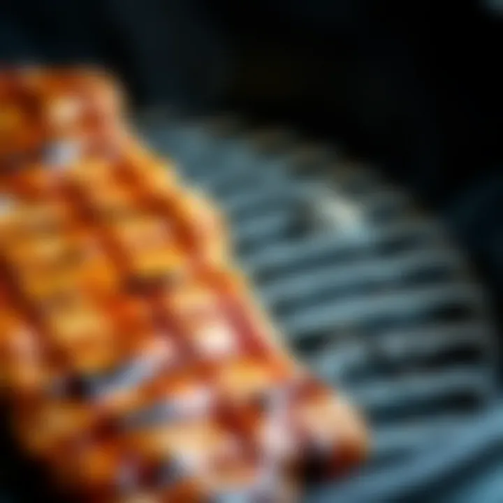 Close-up of grill marks on meat sizzling on a cast iron Korean BBQ pan