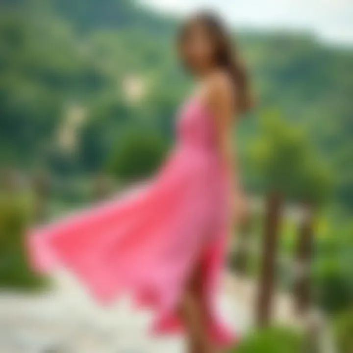 Model in a Scenic Split Hem Dress A picturesque outdoor setting featuring a model wearing a flowy split hem dress.