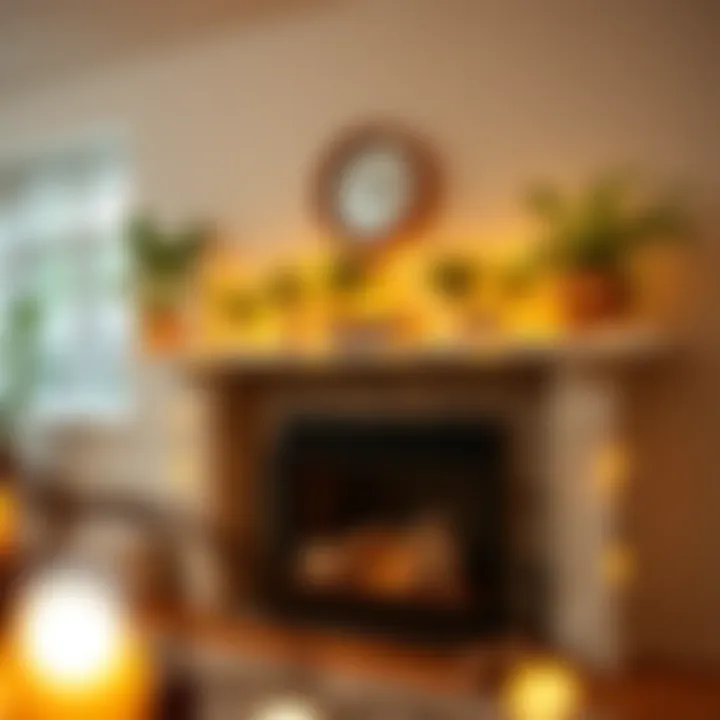 Creative arrangement of string lights on a modern mantle