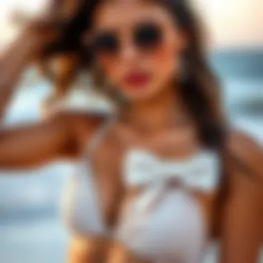 Beach Style Inspiration Woman showcasing a stylish textured bow tie swimsuit by the beach