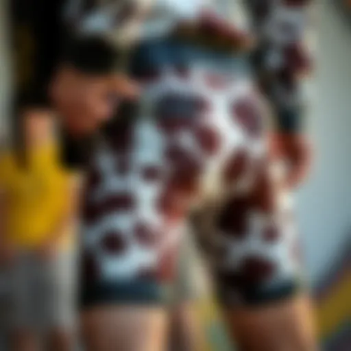 A stylish display of cow print biker shorts showcasing their unique pattern and texture.