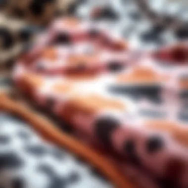 An array of sustainable materials used in the production of cow print biker shorts.