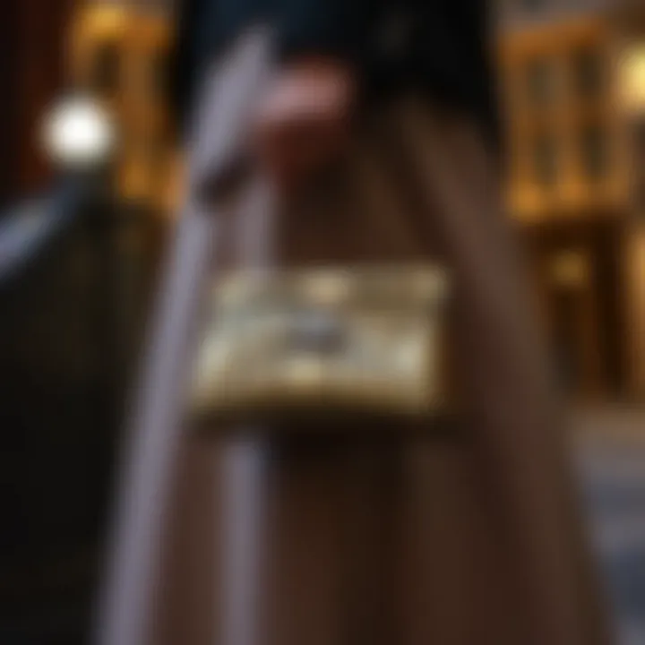 Metal evening bag elegantly paired with evening attire.