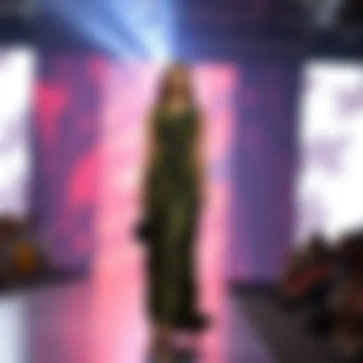 A chic camouflage long dress showcased on a runway