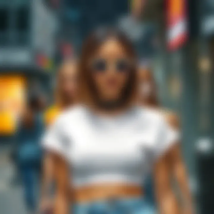 Fashionable individuals wearing stylish crop tops in a trendy urban setting