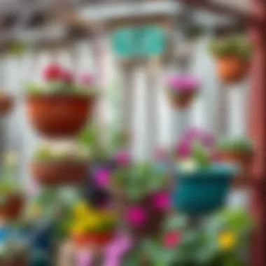 Variety of Styles in Metal Iron Hanging Flower Pots Assorted styles of metal iron hanging flower pots in a garden