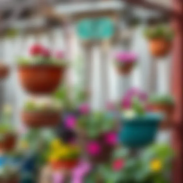 Variety of Styles in Metal Iron Hanging Flower Pots Assorted styles of metal iron hanging flower pots in a garden