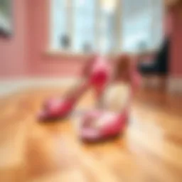 Elegant pink Latin dance shoes showcased on a polished wooden floor