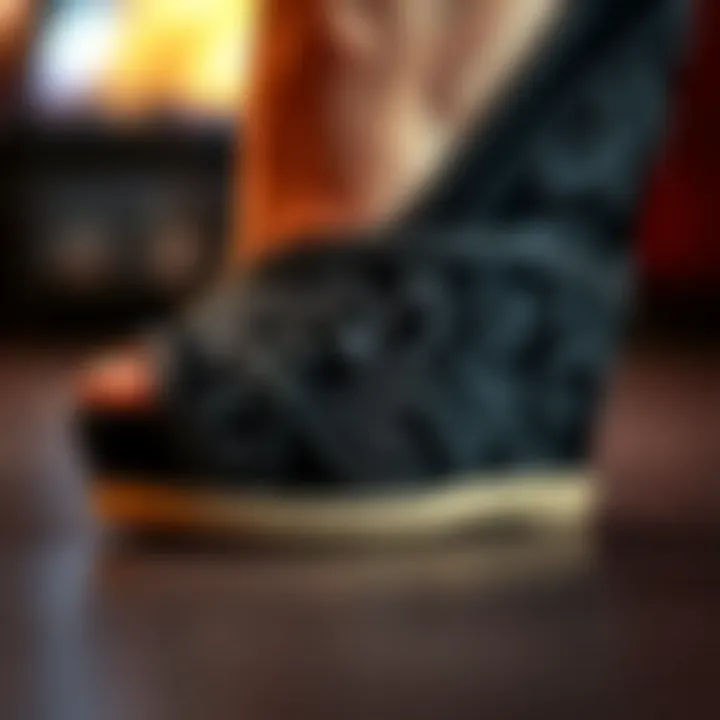 A close-up view of intricate detailing on a fashionable wedge shoe