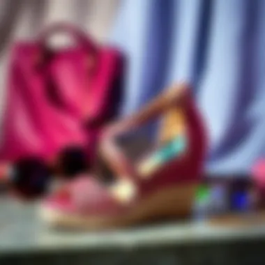 A stylish wedge shoe juxtaposed with contemporary fashion accessories