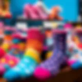 Colorful assortment of party favor socks displayed creatively