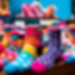 Colorful assortment of party favor socks displayed creatively