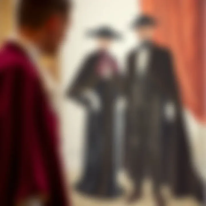 Historical Roots of the Black Formal Cape Historical depiction of formal capes in a vintage fashion illustration