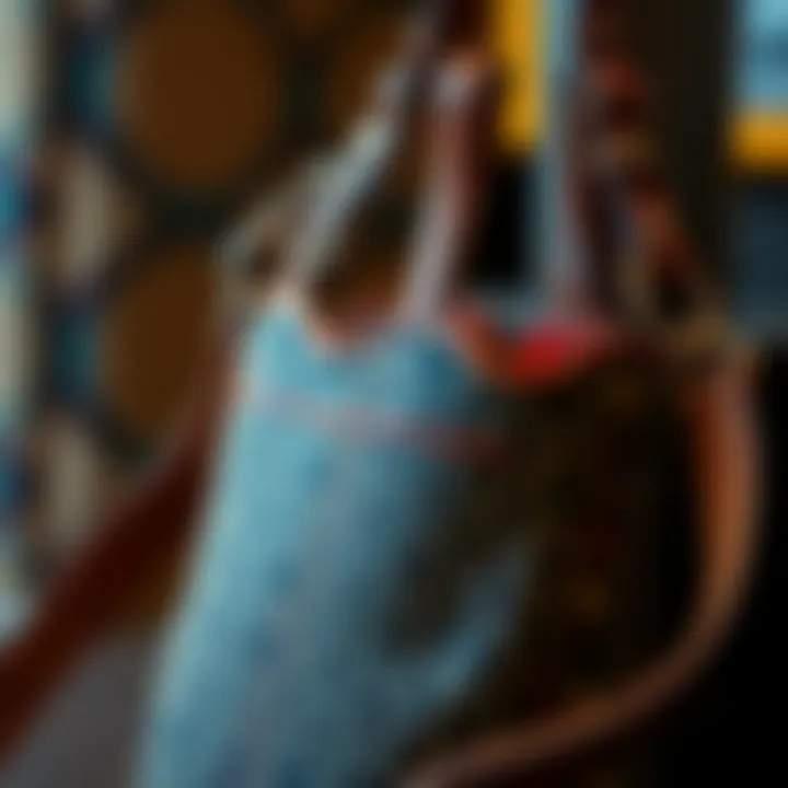 Close-up view of a stylish bucket bag showcasing intricate textures and patterns.