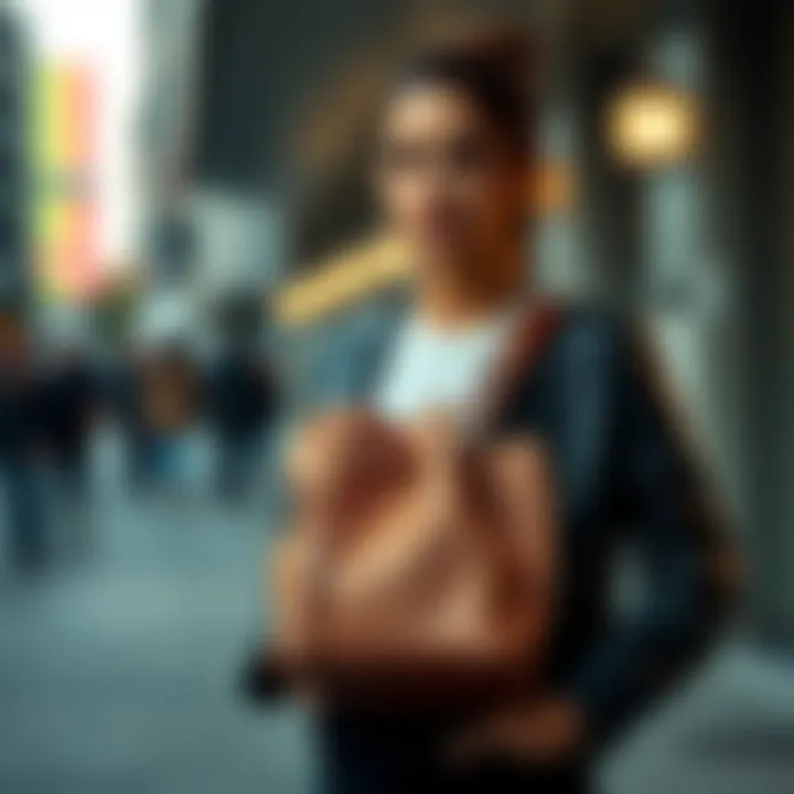 A fashionable model displaying the bucket bag with a guitar strap in an urban setting.