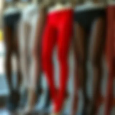 Collection of different styles and colors of see-through leggings displayed artfully