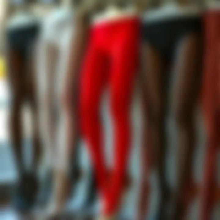 Collection of different styles and colors of see-through leggings displayed artfully